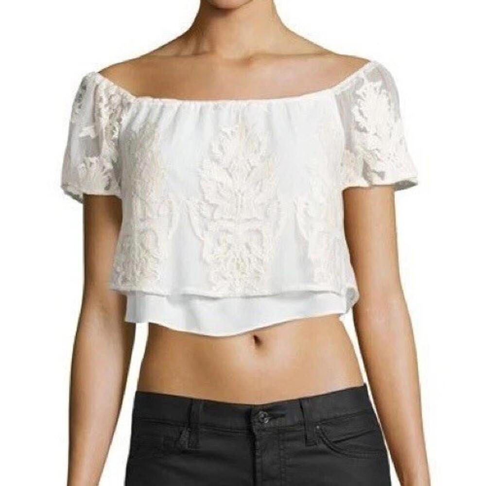 Madison Marcus Women's Medium Ivory Embroidered Mesh Crop Top Off Shoulder Shirt
